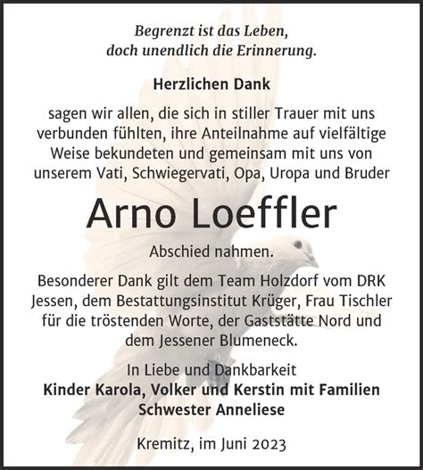 Traueranzeigen Von Arno Loeffler Abschied Nehmen De