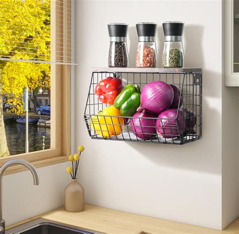 Wall Mounted Hanging Wire Basket With Wood Lid Banana Hanger Onion