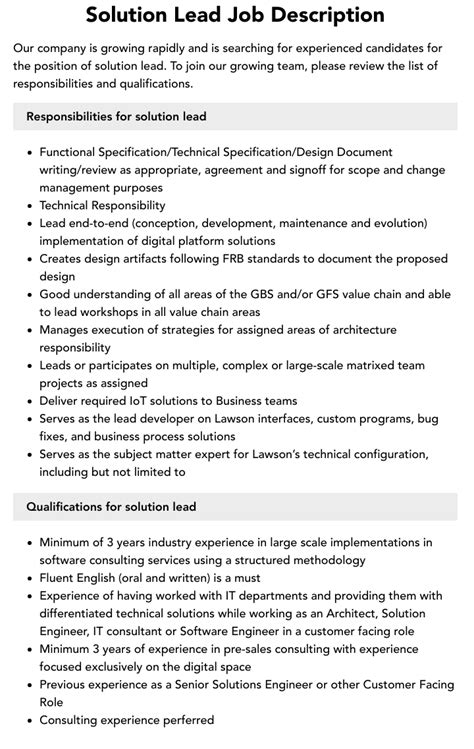solution lead job description velvet jobs