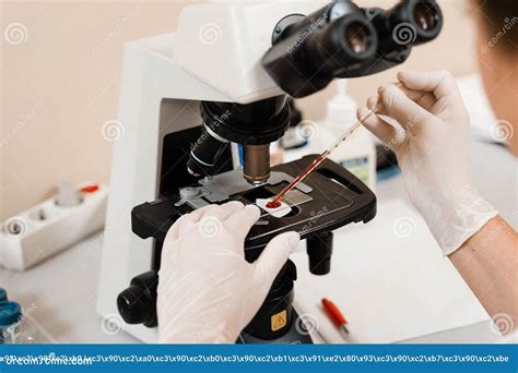 Blood Analysis Using Microscope Laboratory Close Up Medical Equipment