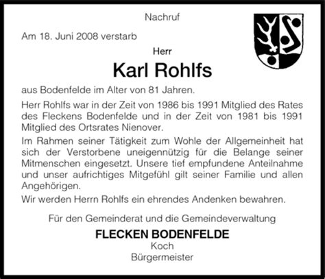 Traueranzeigen Von Karl Rohlfs Trauer Hna De