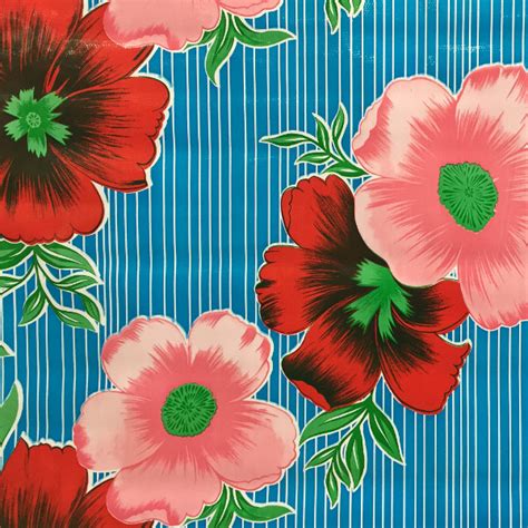 Mexican Oilcloth Big Flowers Stripes Pale Blue BenElke