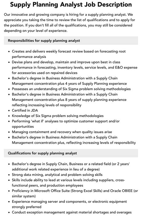 Supply Planning Analyst Job Description Velvet Jobs