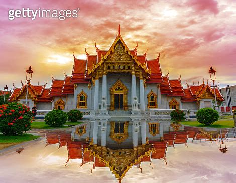 Wat Benchamabophit Temple In Bangkok Thailand Water Reflection Pink