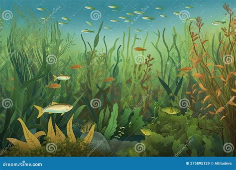 Freshwater Habitat With Schools Of Fish Swimming Among Underwater