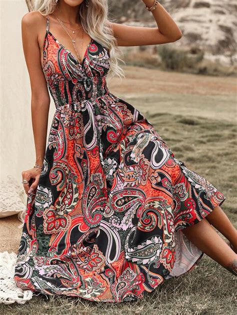 Shein Vcay Paisley Print Shirred Detail Cami Dress Shein Usa