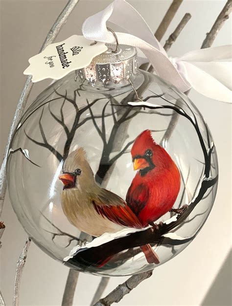 Cardinal Christmas Tree Ornament Hand Painted Glass Love Birds