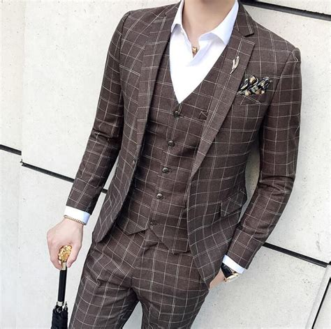 Men S Suit Elegant Brown Plaid Three Piece Suit For Men Prom