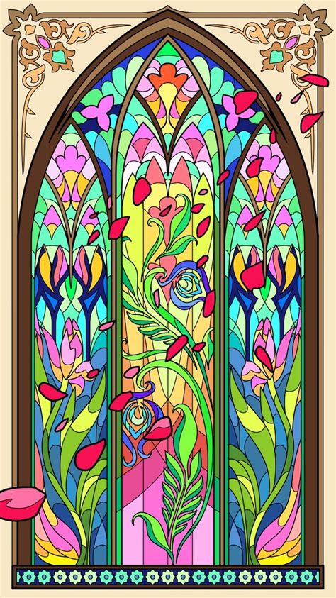 An Ornate Stained Glass Window With Flowers And Leaves On Its Sides Depicting The Colors