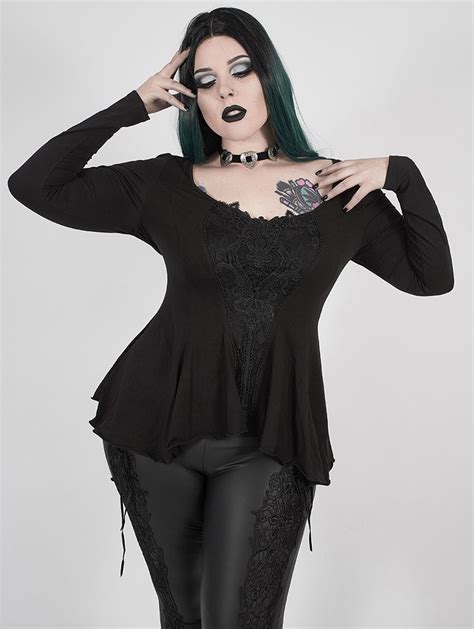 Black Gothic Lace Long Sleeve Irregular Plus Size T Shirt For Women In