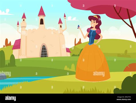 Fairytale Background Pretty Young Princess Outdoor Magic Castle Vector