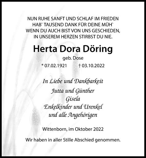 Traueranzeigen von Herta Dora Döring trauer anzeigen de