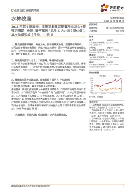 农林牧渔行业2018年第6周周报：本周农业建议配置种业龙头＋养殖后周期，推荐，隆平高科（龙头），大北农（低估值）、其次动保双雄（生物、中牧）！