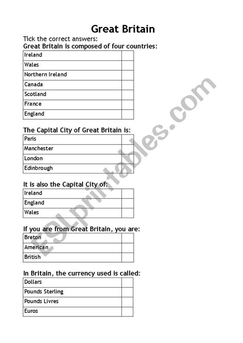 Great Britain Quiz Esl Worksheet By Mkn