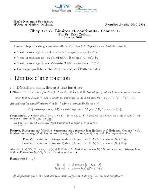 Limites et continuité Cours Séance 1 Ecole Nationale SupÈrieure