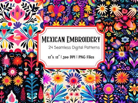 Mexican Embroidery Art Digital Paper 24 Seamless Prints, Folk Art Digital Paper, Mexican Pattern ...