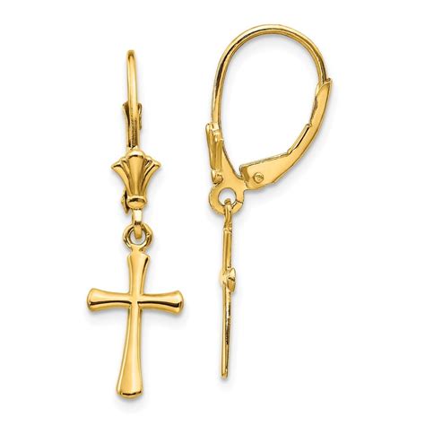 14k Yellow Gold Cross Religious Leverback Earrings Lever Back Drop