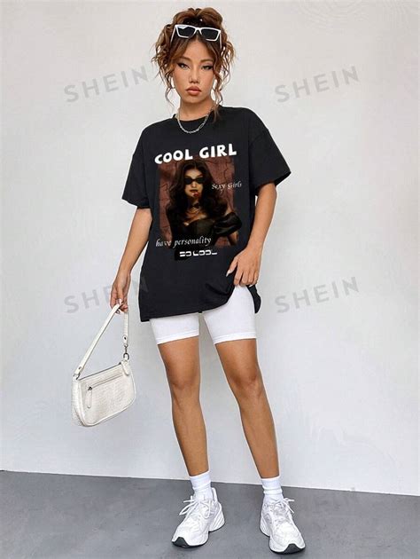 Shein Coolane Slogan Figure Graphic Drop Shoulder Tee Cool Girl Sexy