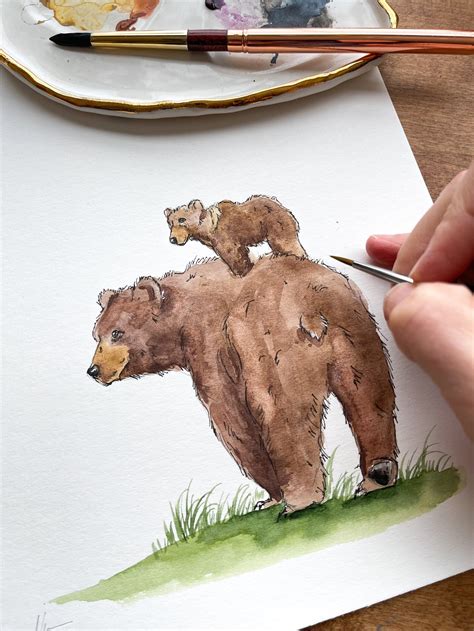 Original Grizzly Brown Bear With Cub Watercolor Painting Etsy