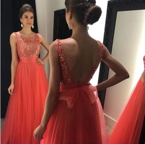 Sexy Espalda Abierta Coral Baile Vestidos Largos Con Cuentas De