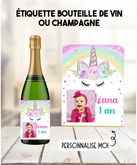 Etiquette bouteille de vin ou champagne licorne avec photo pour fête