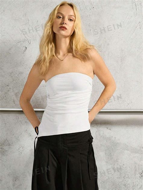 Shein Ezwear Womens Solid Color Simple Pleated Design Strapless Top