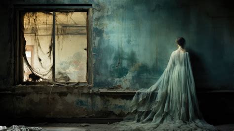 A Ghostly Woman In An Extravagant Ballgown Gazes Out A Cobwebbed Window