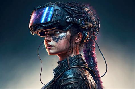 Portrait Of Cyberpunk Girl In Virtual Reality Vr Headset Stock