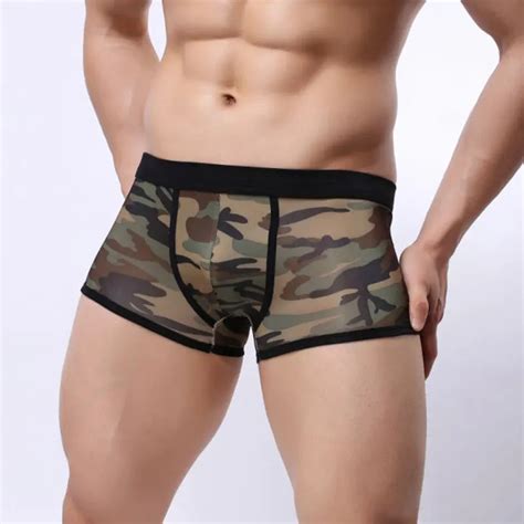 Sexy Men Camo Ice Silk Shiny Transparen Boxer Camouflageu Convex Pouch