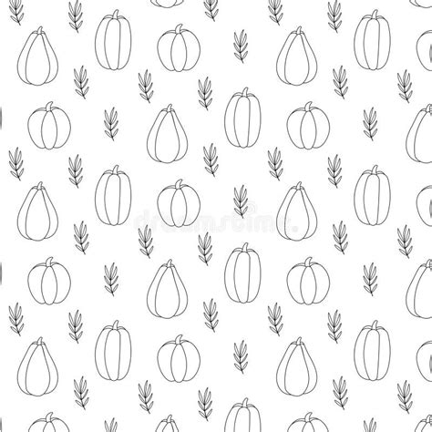 Autumn Seamless Pattern Linear Pumpkin And Leaves Stock Illustration