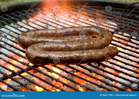 Tradtional South African Braai Barbecue Borewors Sausage On Fire Stock