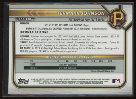 2022 Bowman Draft Baseball Chrome Refractor Termarr Johnson BDC 130 On