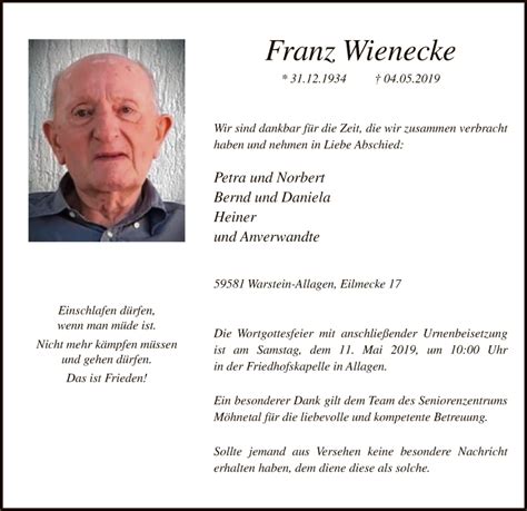 Traueranzeigen Von Franz Wienecke Trauer Nrw