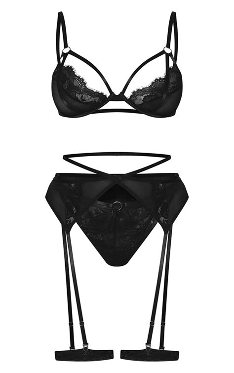 Plus Black Lace Detail Mesh 3 Piece Lingerie Set Prettylittlething