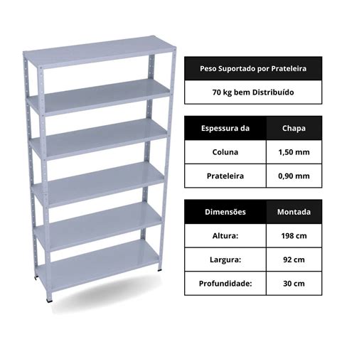 Estante de aço 6 Prateleiras Reforçada 198X92X30 cm 70 kg