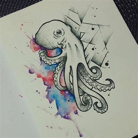 Uncolored octopus with geometric and watercolor elements tattoo design ... | Elements tattoo ...