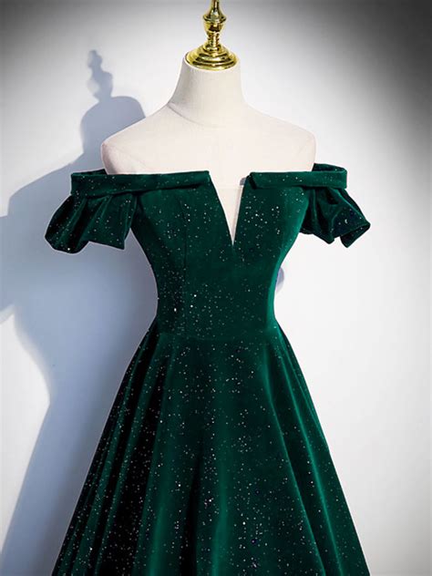 A Line Off Shoulder Velvet Long Prom Dresses Green Velvet Graduation