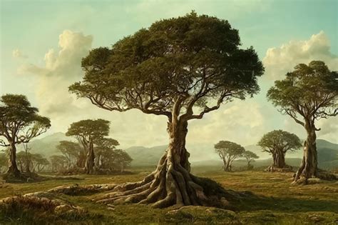 Paisaje de bosque antediluviano prehistórico con árboles y helechos