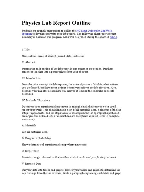 Physics Lab Report Outline Pdf Concept Science