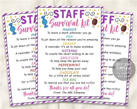 Staff Survival Kit Tag Editable Template Employee Etsy