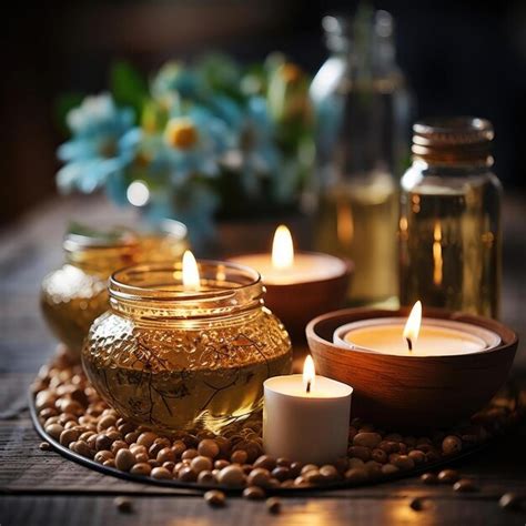 Premium Ai Image Wooden Table With Candles And Oils For Relaxation