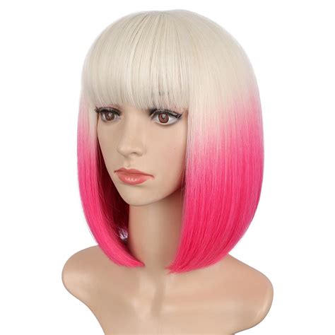 Chrshn Pink Bob Wigs With Bangs Short Shoulder Length Pink Wig Colorful Costume Bob