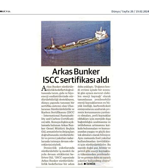 Arkas Bunker Iscc Sertifikas N Ald Arkas Haber