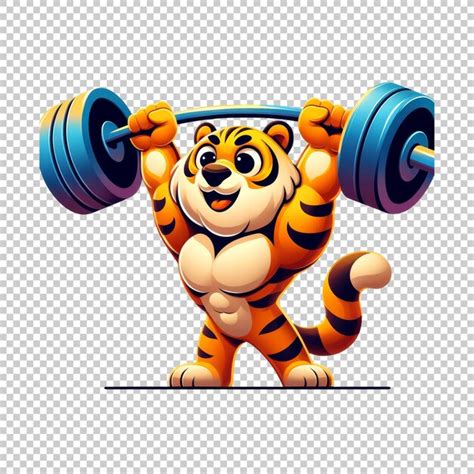 Cartoon strong tiger lifting weights isolated on transparent background | Premium AI-generated PSD