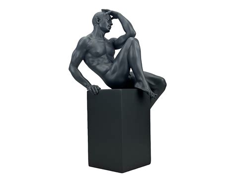 Nude Male Seated On Cube Stand One Knee Up Cold Cast Bronze Resin