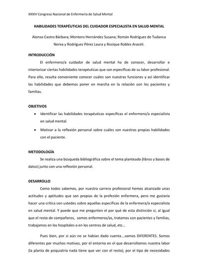 HABILIDADES TERAPÉUTICAS DEL CUIDADOR ESPECIALISTA EN SALUD MENTAL