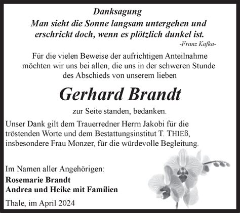 Traueranzeigen Von Gerhard Brandt Abschied Nehmen De