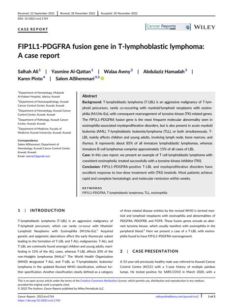 Pdf Fip1l1‐pdgfra Fusion Gene In T‐lymphoblastic Lymphoma A Case Report