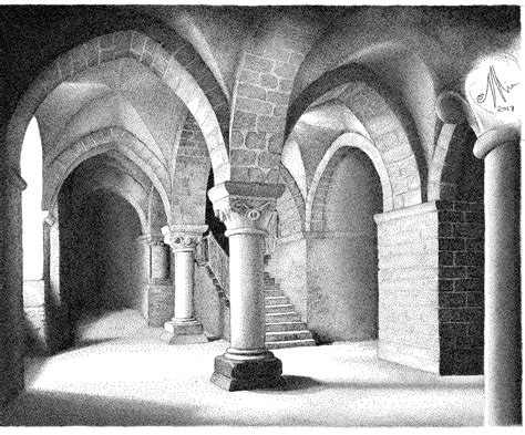 Stipple drawing Mont St Michel Catacombs | Stippling art, Architecture ...