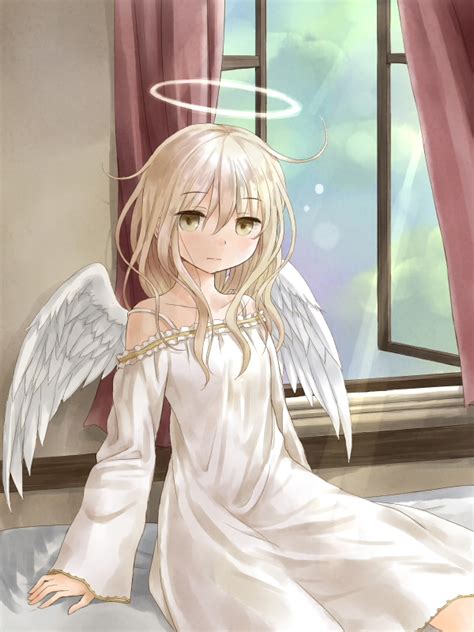 Safebooru 1girl Angel Angel Wings Bed Blonde Hair Brown Eyes Dress